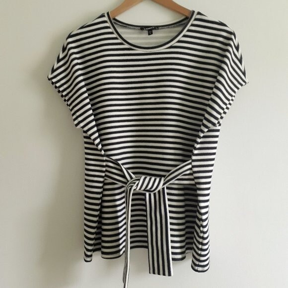 Express Striped Tie Waist Black & White Cotton Blend Blouse Size Medium - Picture 7 of 10